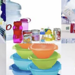 A collage showing various plastic containers, water bottles, canned food, baby bottles with nipples, colorful plastic bowls, and drink cans arranged against a white background.