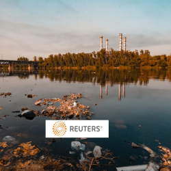 a pond with plastic trash, Reuters logo in foreground